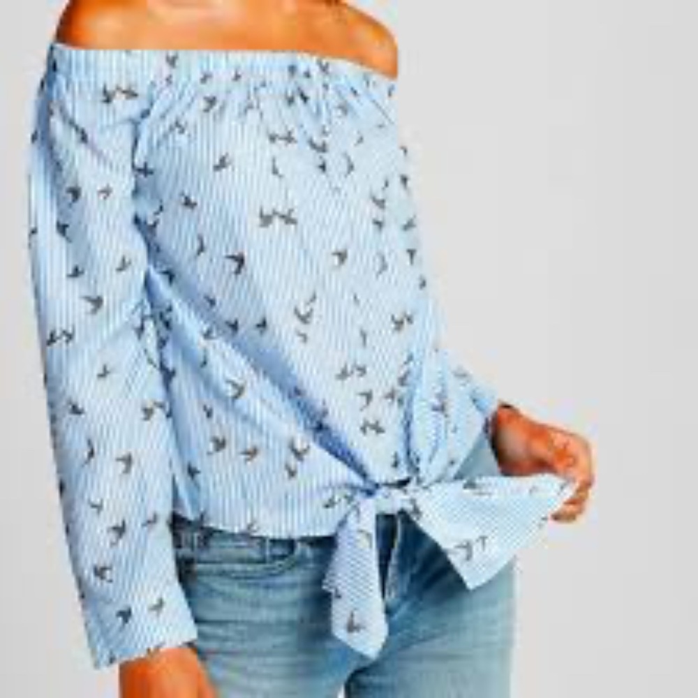 Express bird print off shoulder top Sz M tie front hem stripes